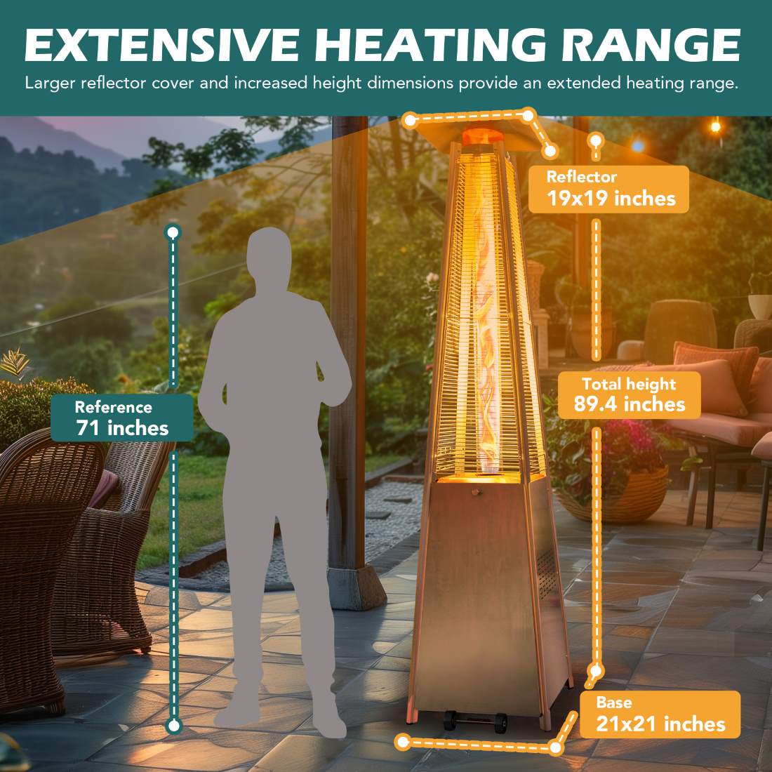 Pamapic Pyra Propane Pyramid Patio Heater 48,000 BTU with Glass Flame Tube