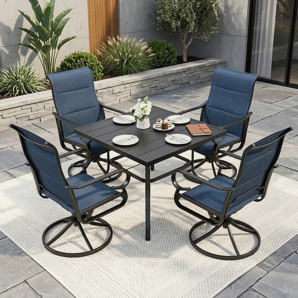 PHI VILLA 5-Piece Outdoor Patio Dining Set with 4 Swivel Rocking Textilene Dining Chairs & 37-Inch Square Steel Table