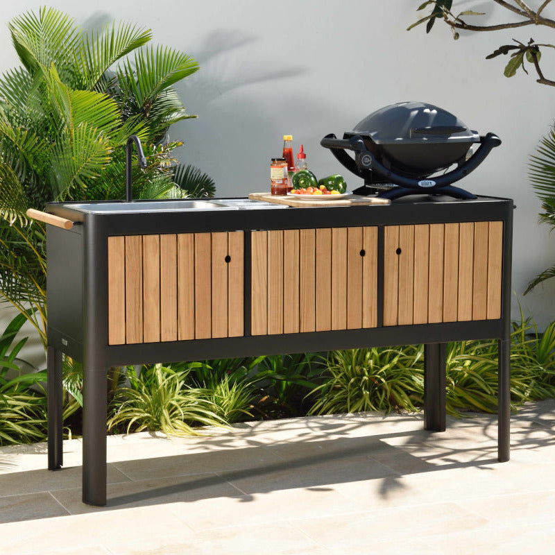 LifestyleGarden Portals Dark Outdoor Kitchen with FSC-Certified Teak, Sink & Tap