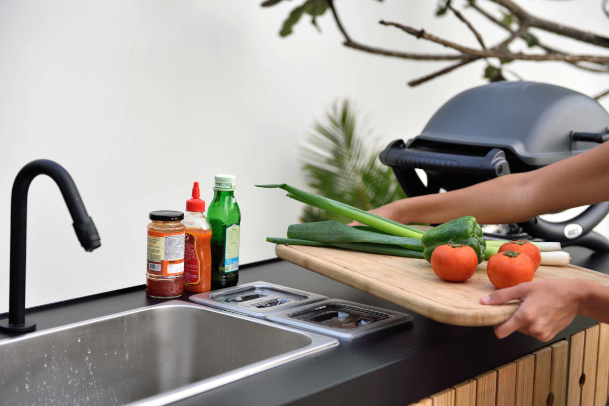 LifestyleGarden Portals Dark Outdoor Kitchen with FSC-Certified Teak, Sink & Tap
