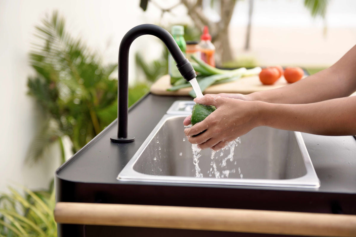 LifestyleGarden Portals Dark Outdoor Kitchen with FSC-Certified Teak, Sink & Tap