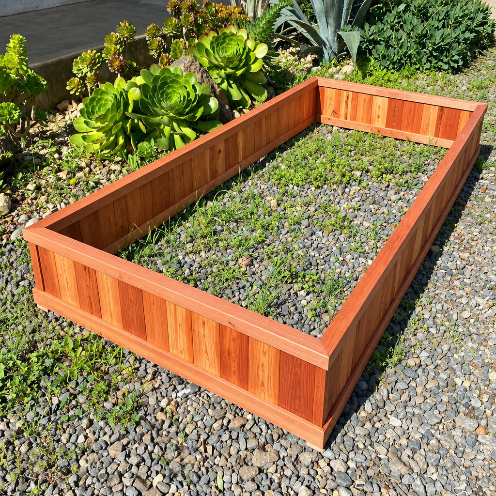 Wooden raised garden bed with plants on a gravel surface