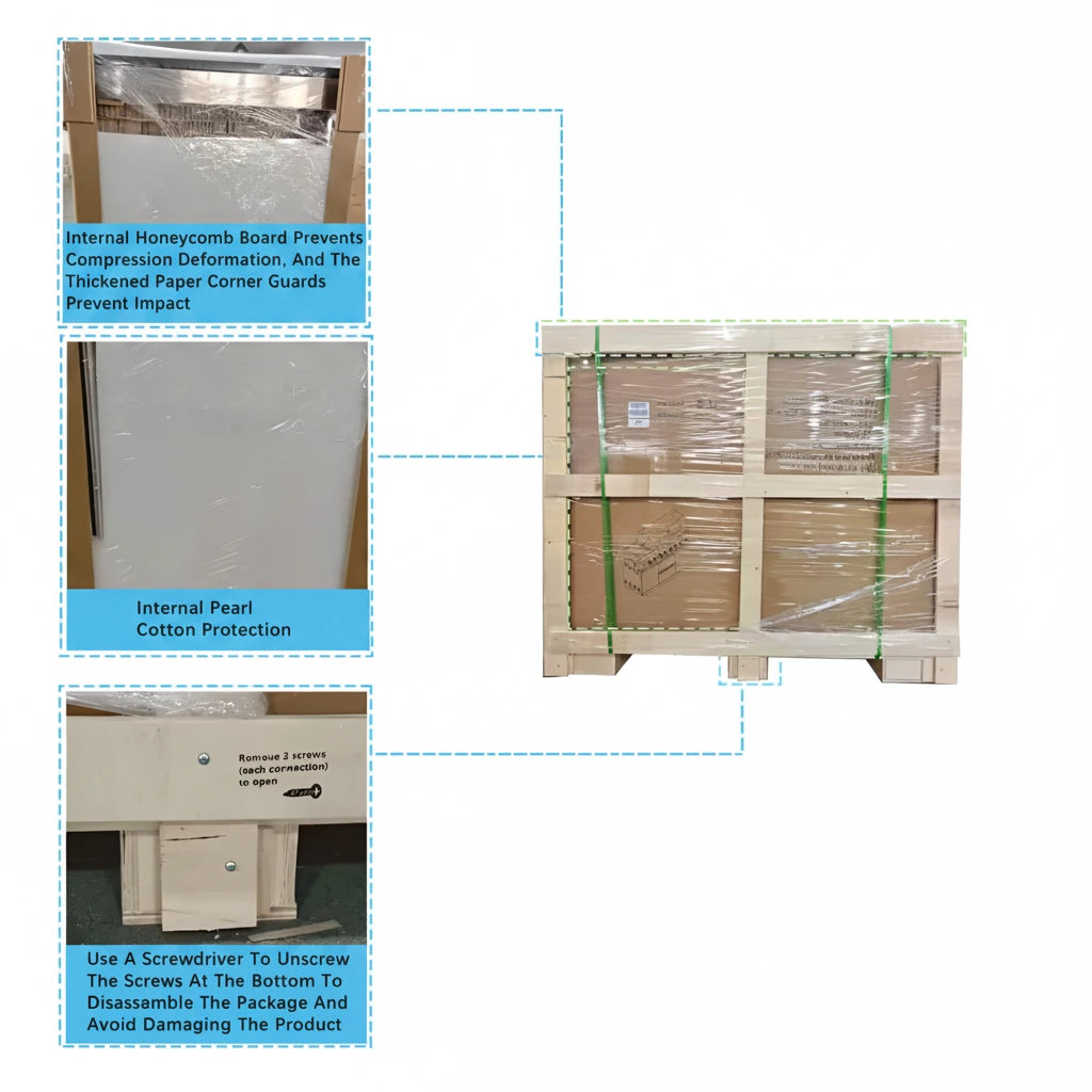 Wooden packaging with protective features and assembly instructions