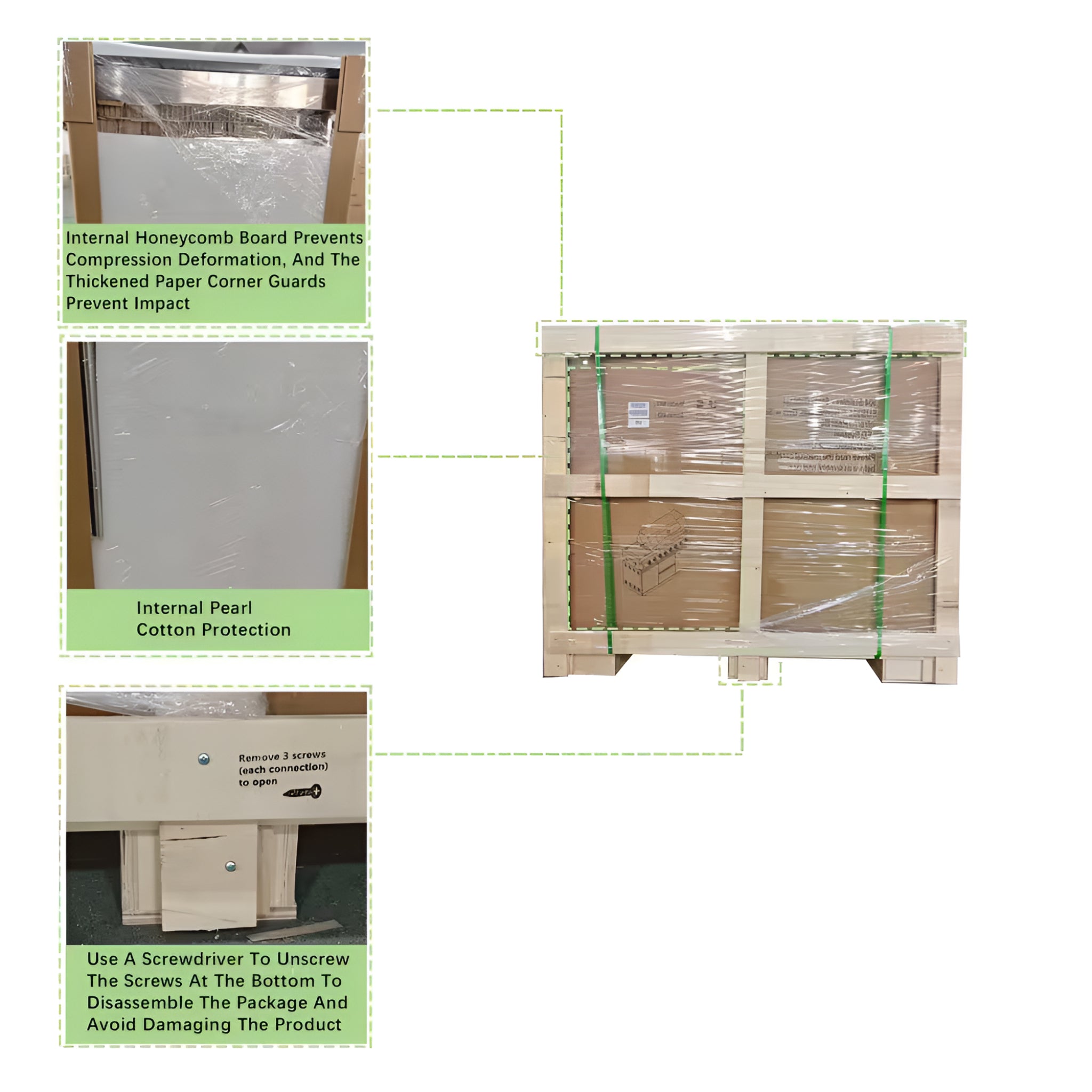 Wooden packaging with protective features and assembly instructions