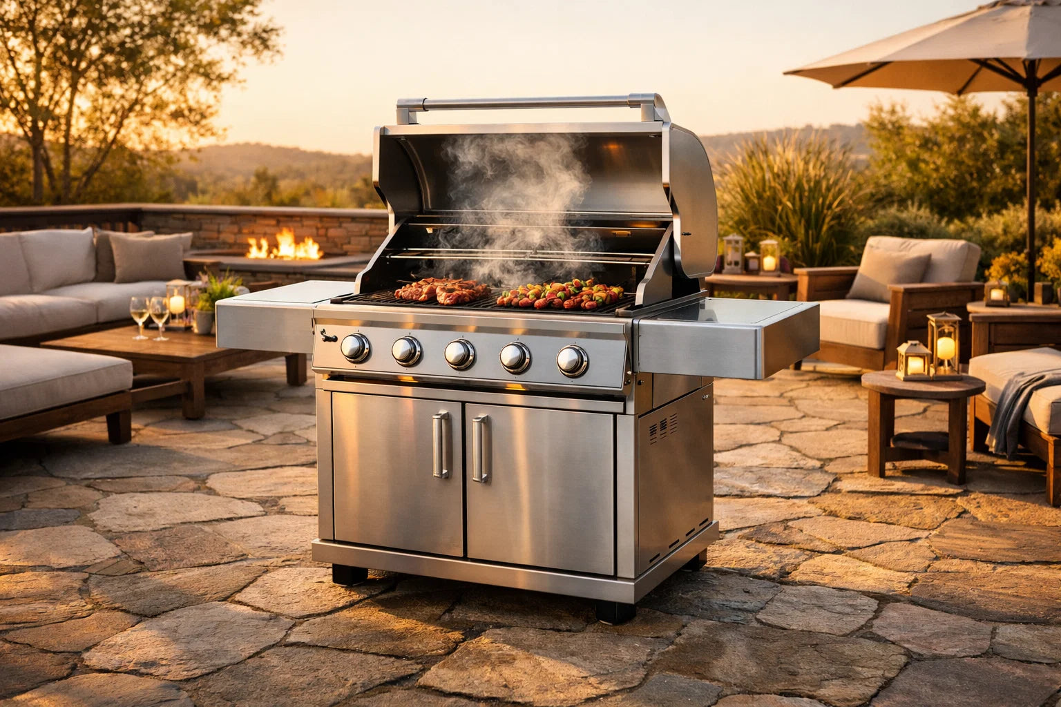 Stainless steel grill on a stone patio with outdoor furniture and sunset in the background