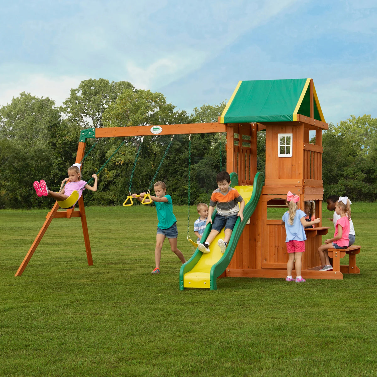 Oakmont Cedar Wooden Swing Set with 4 Foot Dek Height.