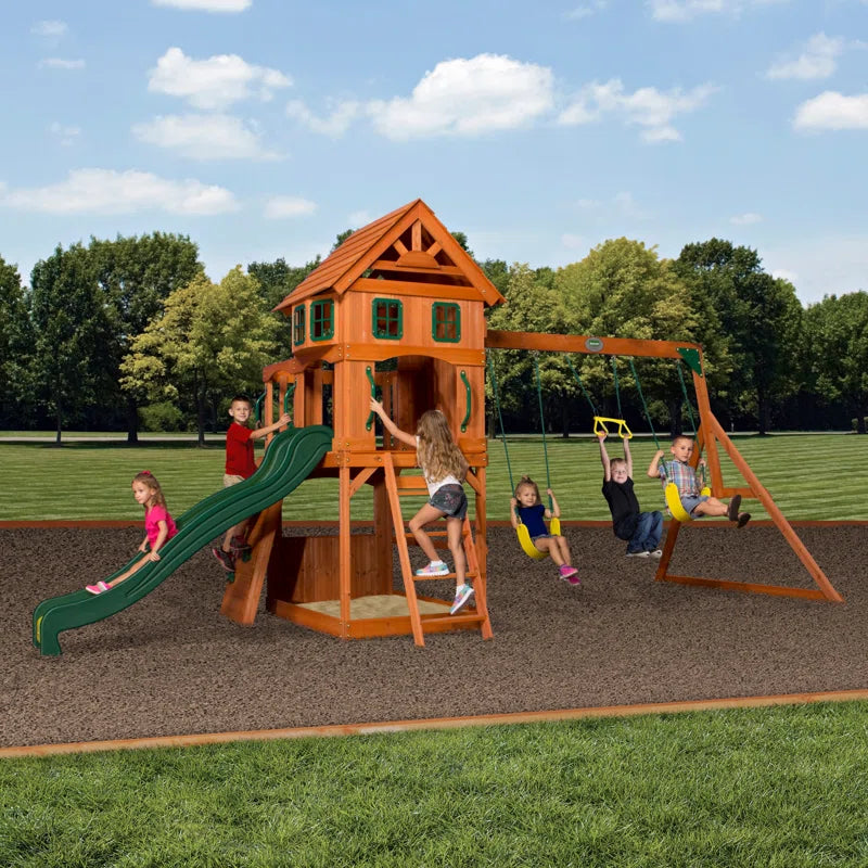 Atlantis Cedar Wood Swing Set with Wave Slide, Clubhouse, Rock Wall, and Sandbox Area