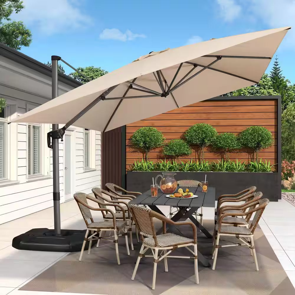 10 Ft. X 13 Ft. Aluminum Uv-Resistant Outdoor Cantilever Offset 360° Rotation Patio Umbrella with Base, Beige