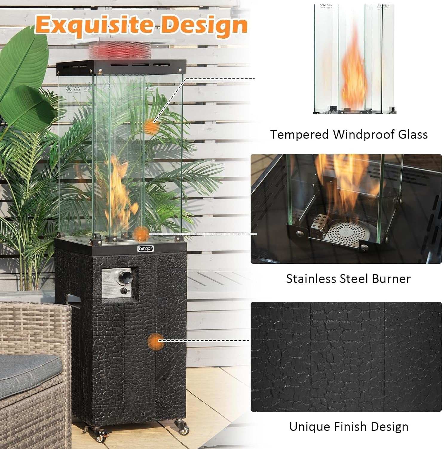 41,000 BTU Propane Patio Heater with Waterproof Cover, Outdoor Heater with Lockable Wheels, Adjustable Feet, Tempered Glass Tube, Suitable for Garden Porch Patio Deck (Black)