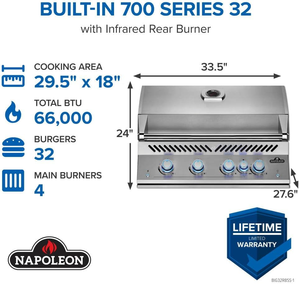 Built-In 700 Series 32-Inch Natural Gas Grill Head with Infrared Rear Burner - BIG32RBNSS-1-4 Main Burners, Infrared Rear Burner, Stainless Steel, Included Rotisserie Kit