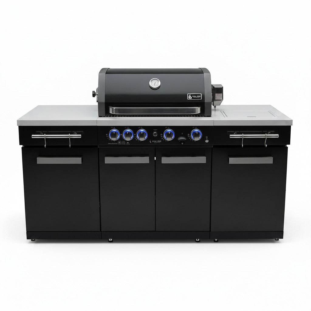 Premium 70"W X 24"D Black Stainless Steel Compact Outdoor Kitchen Island with Access Doors + 32"W 4-Burner BBQ Grill with Infrared Rear Burner + Storage Cabinets + White Granite Countertops