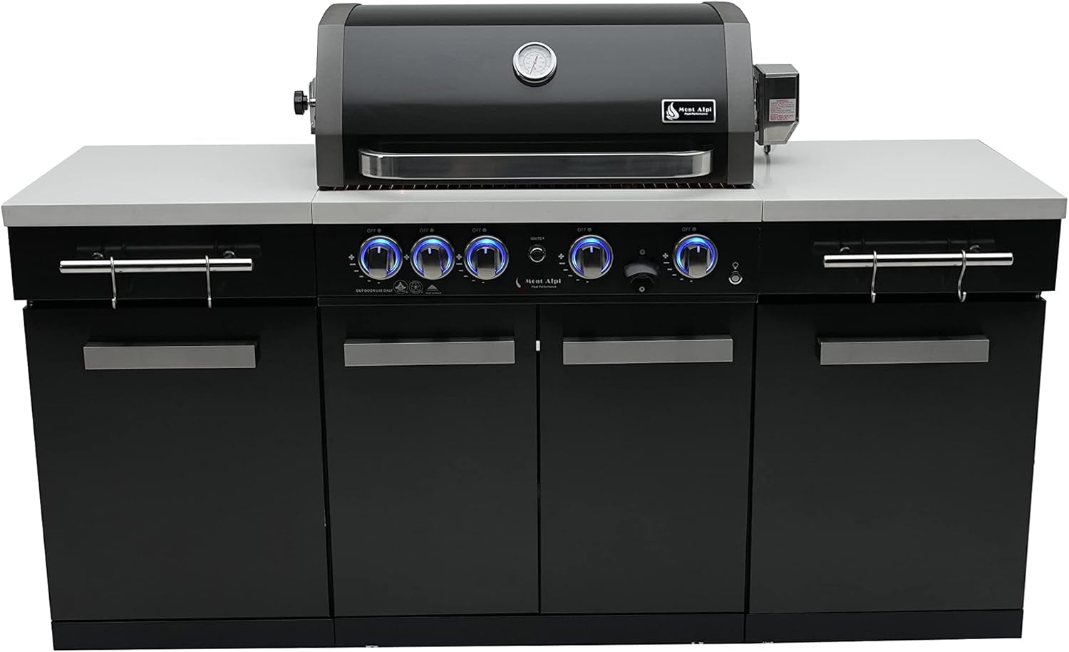 Premium 70"W X 24"D Black Stainless Steel Compact Outdoor Kitchen Island with Access Doors + 32"W 4-Burner BBQ Grill with Infrared Rear Burner + Storage Cabinets + White Granite Countertops