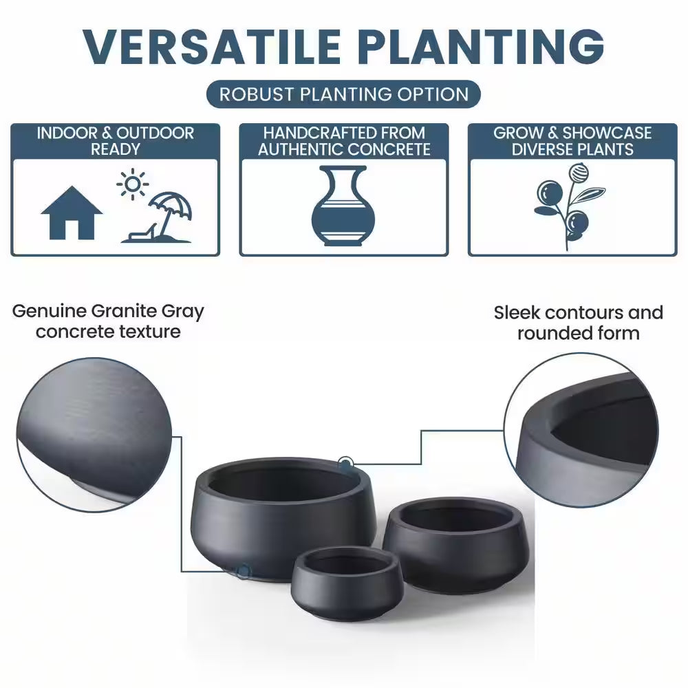 20.5In., 15.5In., 11.5In. Dia Granite Gray Large Tall round Concrete Plant Pot / Planter for Indoor & Outdoor Set of 3