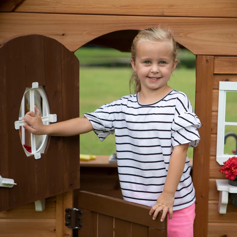 Aspen Cedar Wooden Kids Playhouse with Play Kitchen, Snack Bar Window, and Picnic Bench