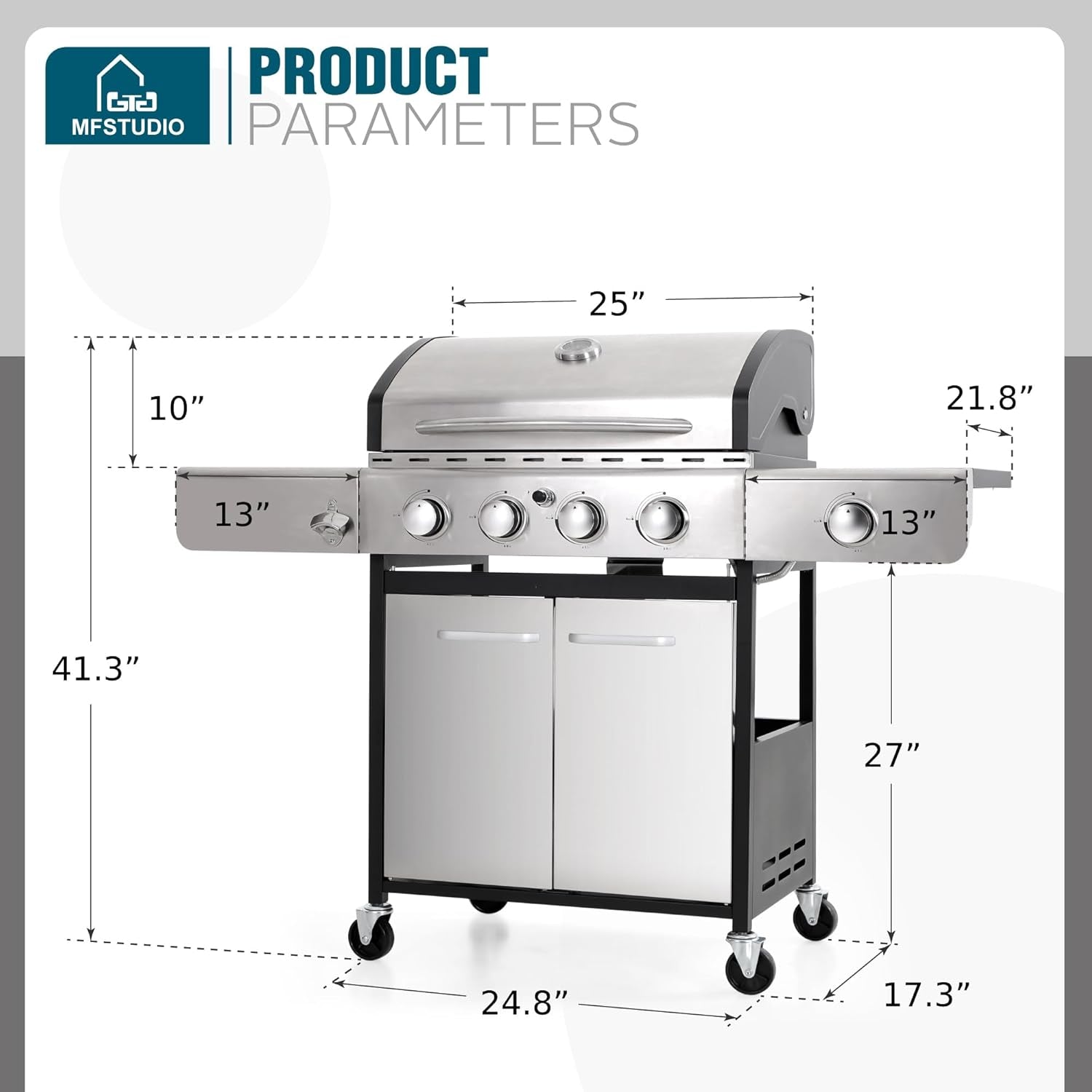4 Burner BBQ Gas Grill with Side Burner, Stainless Steel Propane Grills with Porcelain-Enameled Cast Iron Grates, 42,000 BTU for Outdoor Backyard Barbecue Cooking, Silver
