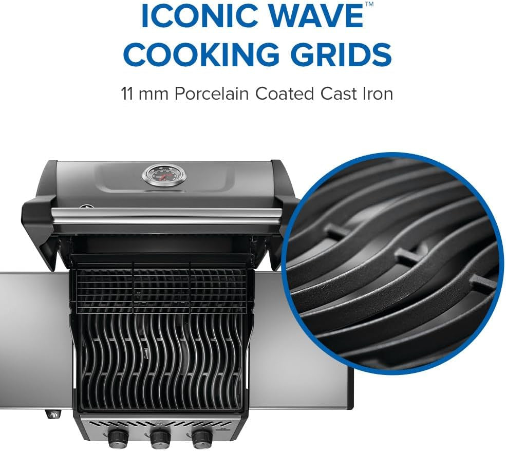 Freestyle 365 Propane Gas Outdoor Grill, Graphite Grey – 3-Burner BBQ with Porcelain Coated Cast Iron Iconic WAVE™ Cooking Grids