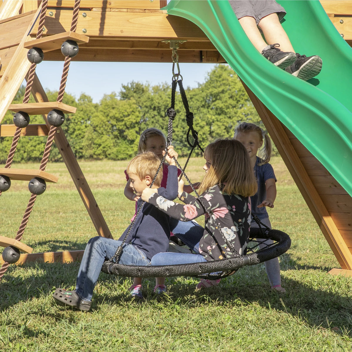 Endeavor Cedar Wood Swing Set, Slide, Play Deck, Rock Wall, Rope Ladder