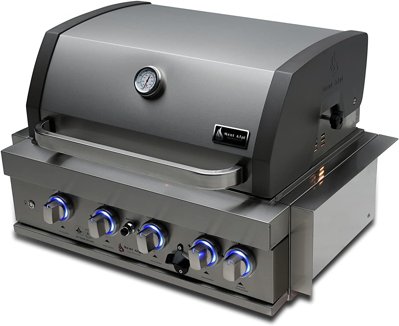 Premium 32"W X 23"D X 21"H Stainless Steel 4-Burner 63000 Btus Outdoor Kitchen Kitchen Island Heavy Duty Propane Built-In BBQ Grill Head with Infrared Rear Burner + Rotisserie Kit + Cover