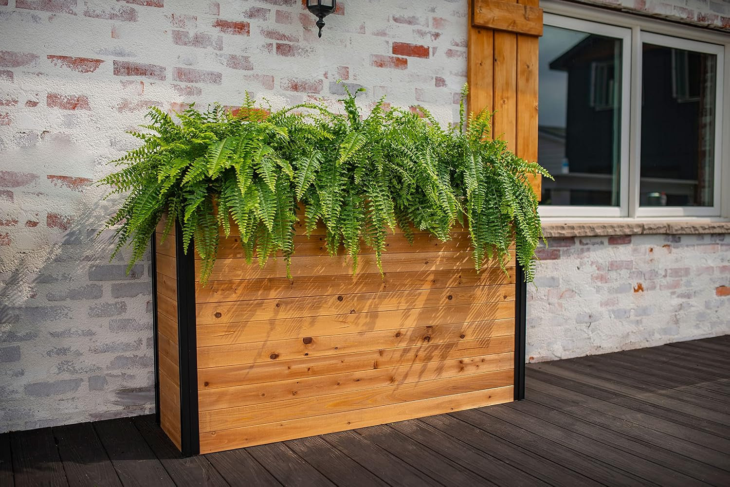 Mezza 16 Inch X 56 Inch X 33 Inch Large Cedar Wood Parklette Planter, Golden Brown with Black Aluminum Posts, FSC, Pre-Stained, Insect and Pest Repellant, Outdoor Décor, VT17716