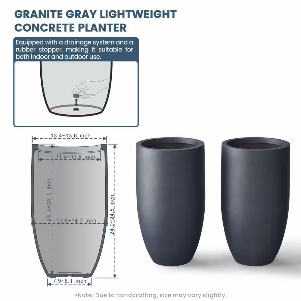 Lightweight 13.5 In. Dia Tall Large Granite Gray Large round Concrete Planter/Flower Pot for Indoor & Outdoor (Set of 2)
