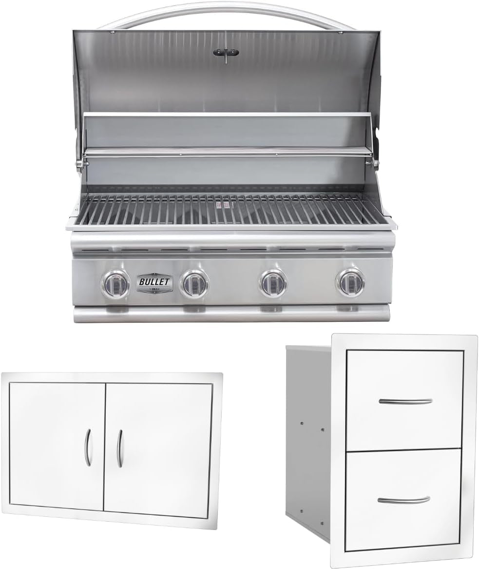 Bullet by Bull Stainless Steel Outdoor Kitchen Grill Set - Built-In Liquid Propane Grill -BBQ Kitchen Island Bundle - Includes 4 Burner Grill, Double Access Door & Double Storage Drawer