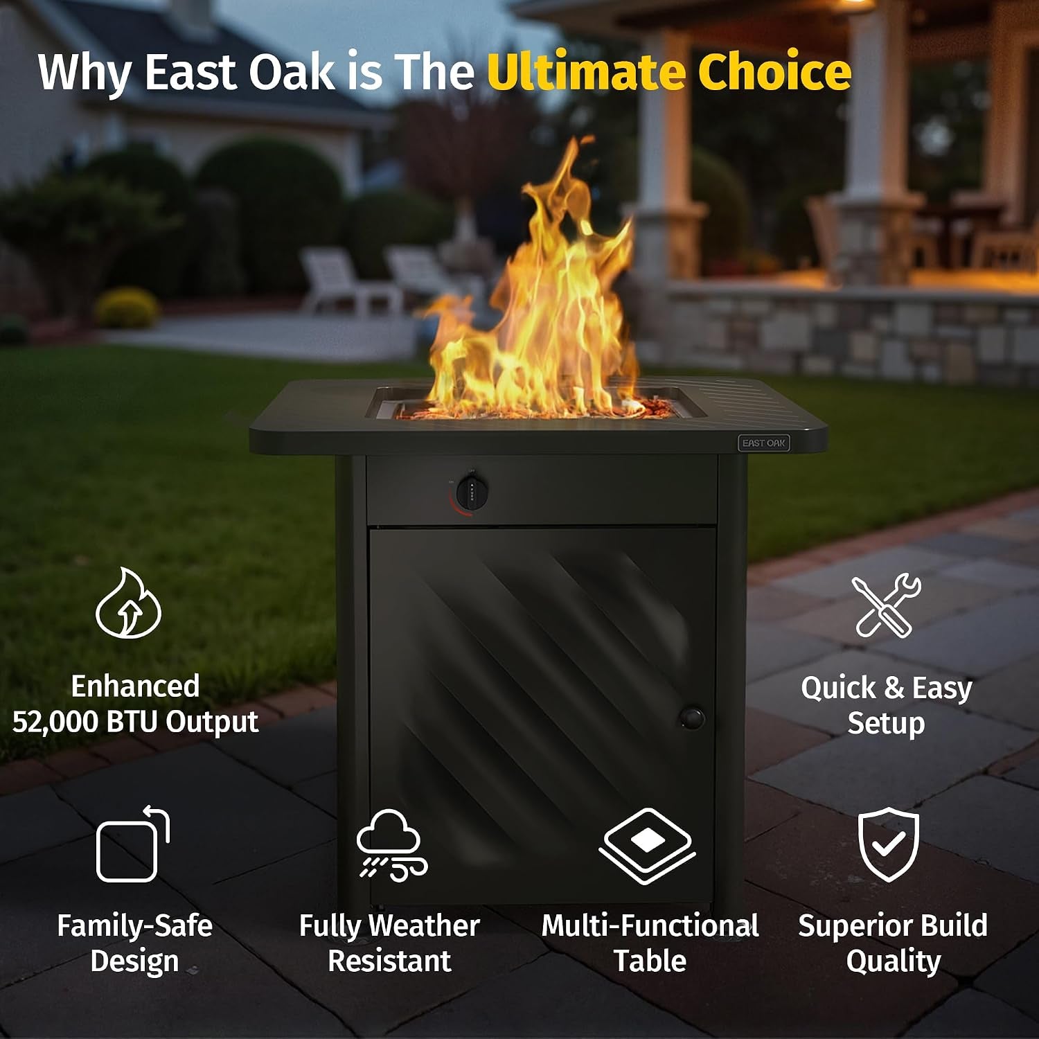 28” Outdoor Propane Fire Pit Table | 52,000 BTU Gas Fire Pit for 2-4 People with Space-Saving Hock Lid, Mesh Pocket & Lava Rocks | CSA Certified Safe for Patio, Deck, Backyard, Black