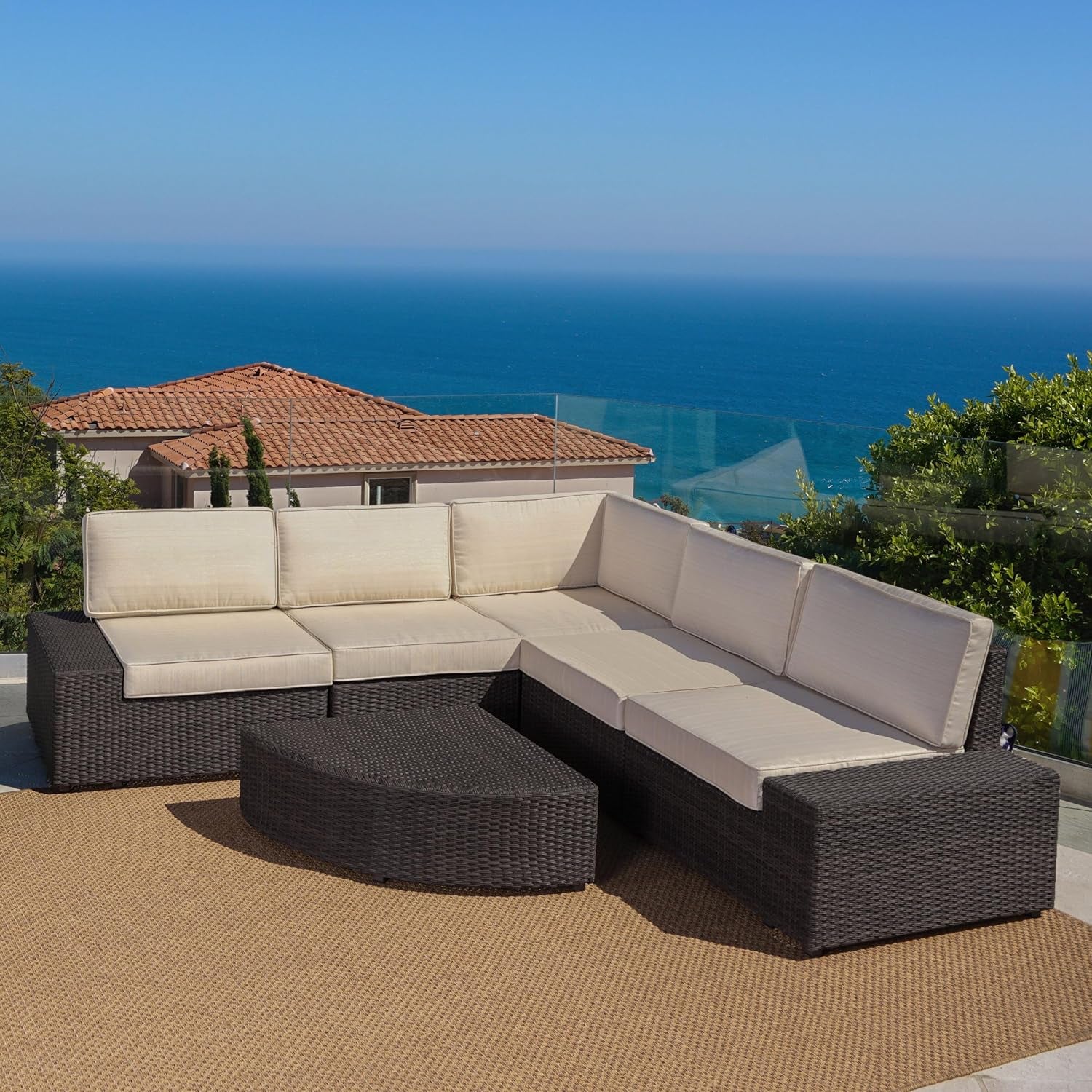 Santa Cruz Outdoor Wicker Sectional Sofa Set with Water Resistant Cushions, 6-Pcs Set, Brown