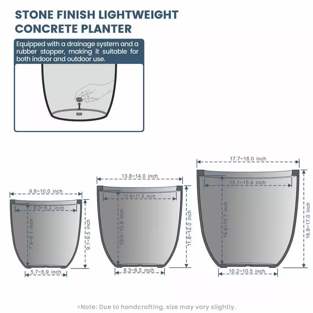 10In., 14In., 18In. Dia Stone Finish Extra Large Tall round Concrete Plant Pot / Planter for Indoor & Outdoor Set of 3