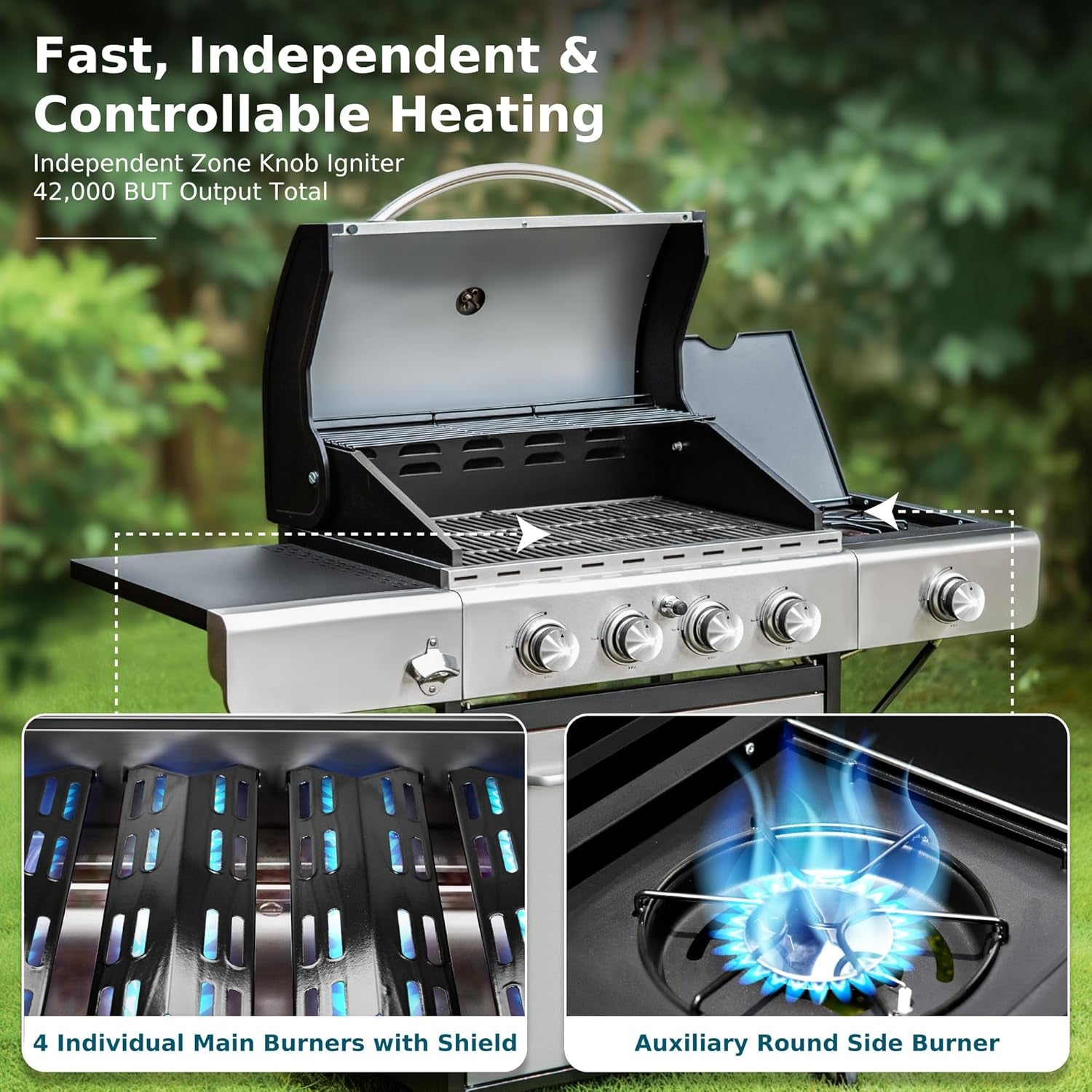4 Burner BBQ Gas Grill with Side Burner, Stainless Steel Propane Grills with Porcelain-Enameled Cast Iron Grates, 42,000 BTU for Outdoor Backyard Barbecue Cooking, Silver