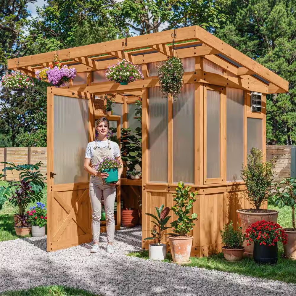 Poppy 9 Ft. W X 6 Ft. D X 8 Ft. H Cedar Wood and Polycarbonate Light Brown Walk-In Outdoor Greenhouse Kit W/ Powerport
