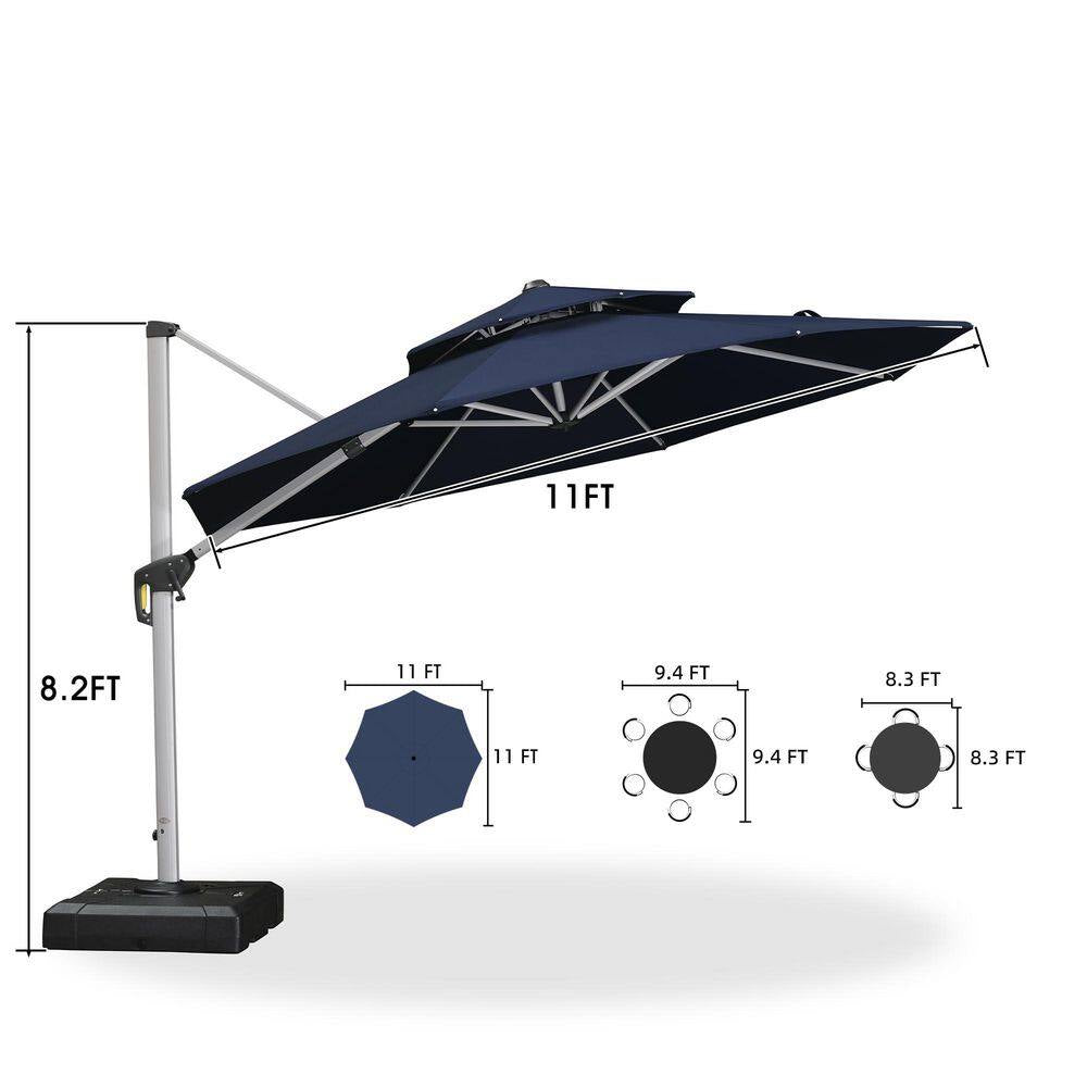 11 Ft. Octagon Windproof Aluminum 360 Rotation Cantilever Polyester Outdoor Patio Umbrella with Base, Navy Blue