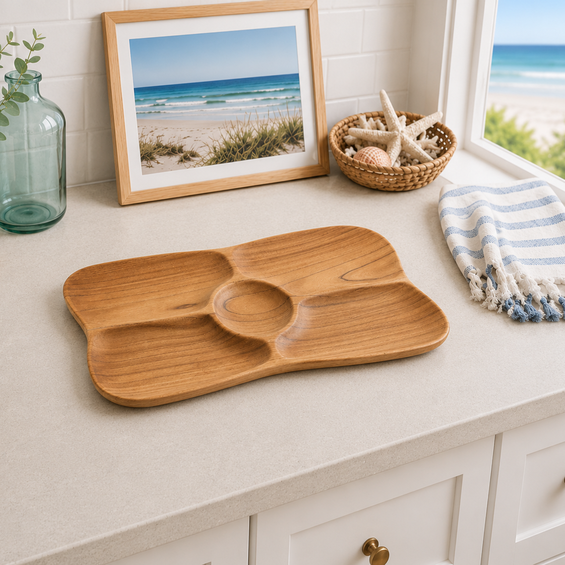 Broward Design Center Teak Four-Compartment Serving Tray