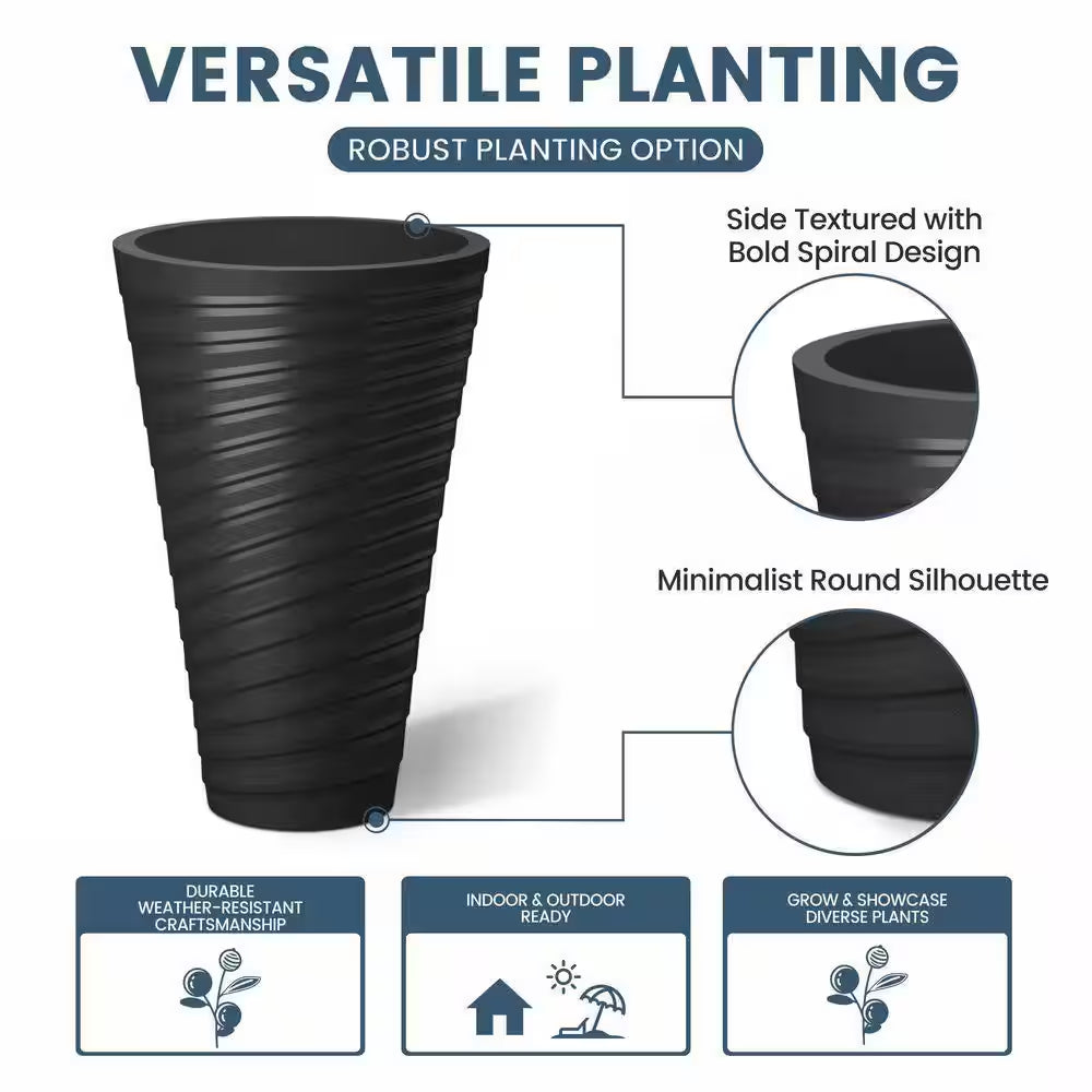 23 In. High Large Spiral Black Plastic round Planter / Pot with Drainage Holes (Set of 2)
