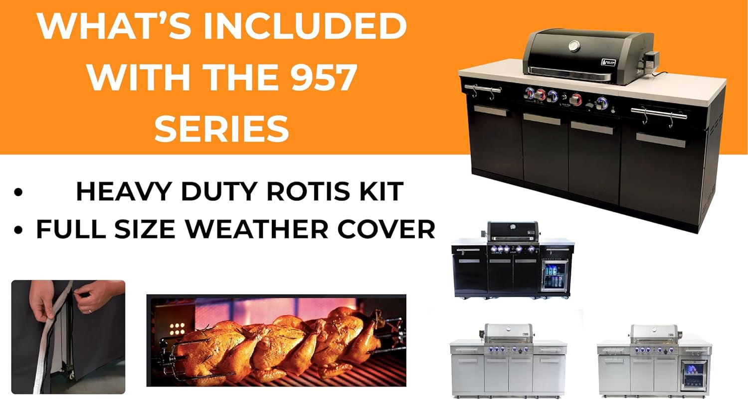 Premium 70"W X 24"D Black Stainless Steel Compact Outdoor Kitchen Island with Access Doors + 32"W 4-Burner BBQ Grill with Infrared Rear Burner + Storage Cabinets + White Granite Countertops