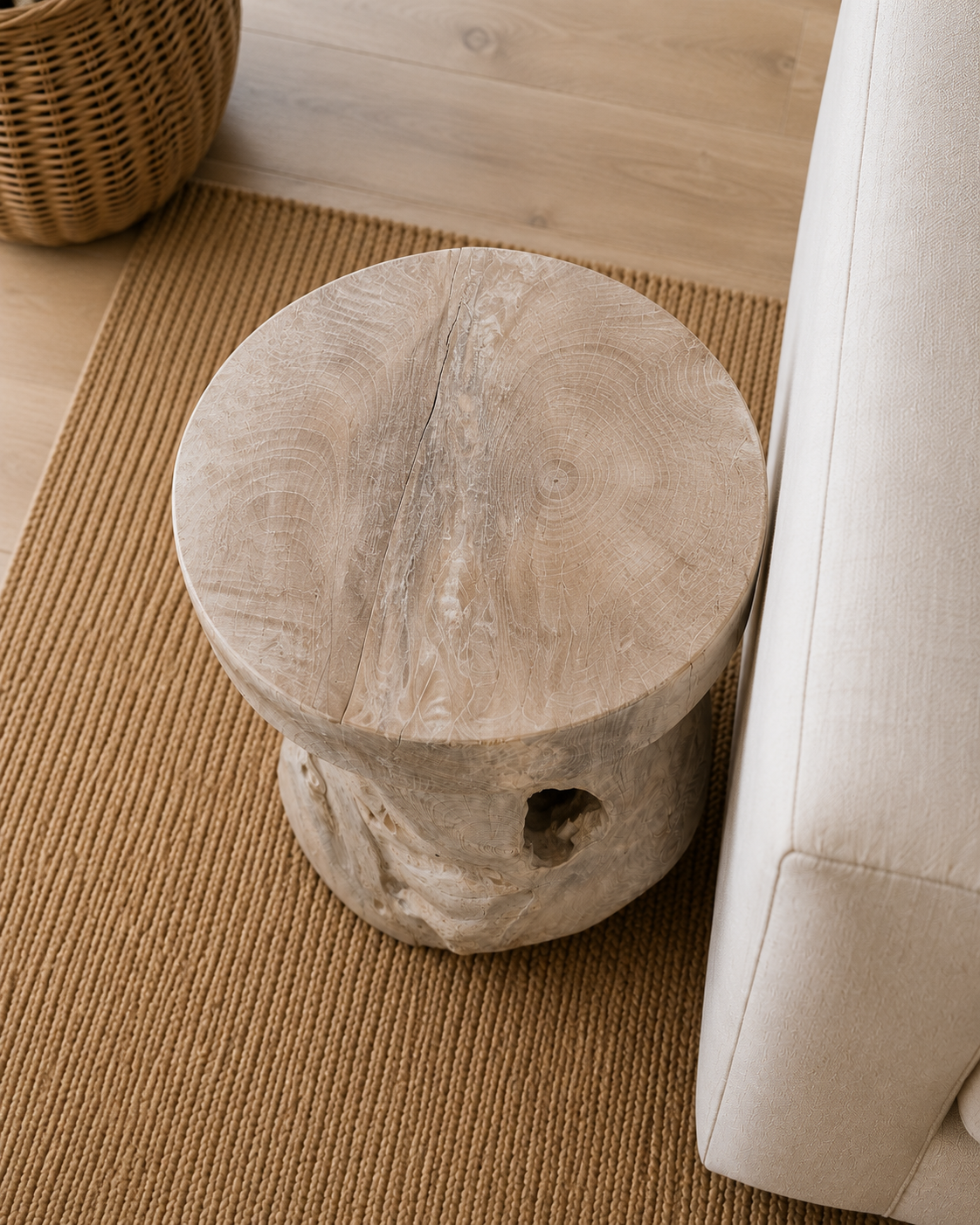 The Broward Design Center Organic Bleached Teak Round Stool