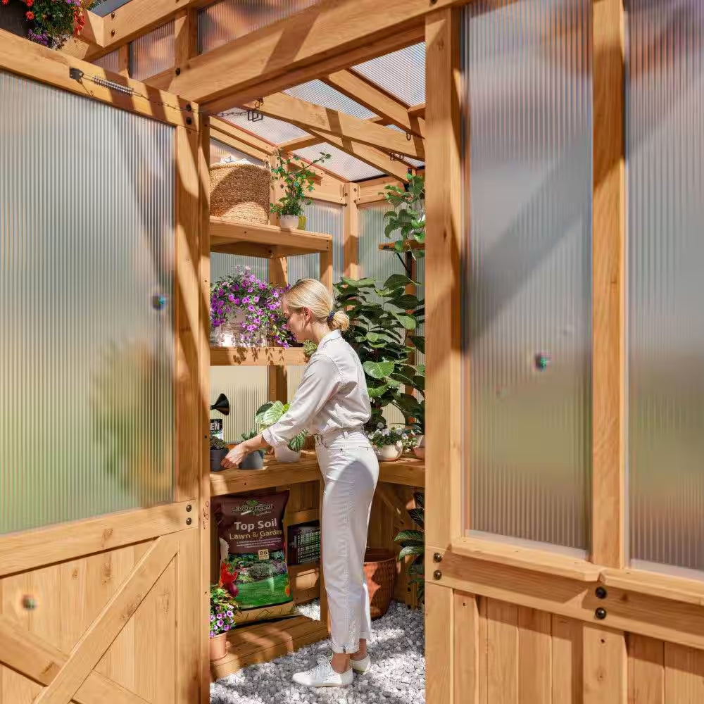 Poppy 9 Ft. W X 6 Ft. D X 8 Ft. H Cedar Wood and Polycarbonate Light Brown Walk-In Outdoor Greenhouse Kit W/ Powerport