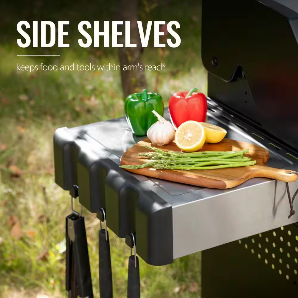 4-Burner Propane Gas Grill with Side Burner with Glass Viewing Window, Cabinet Style, Silver