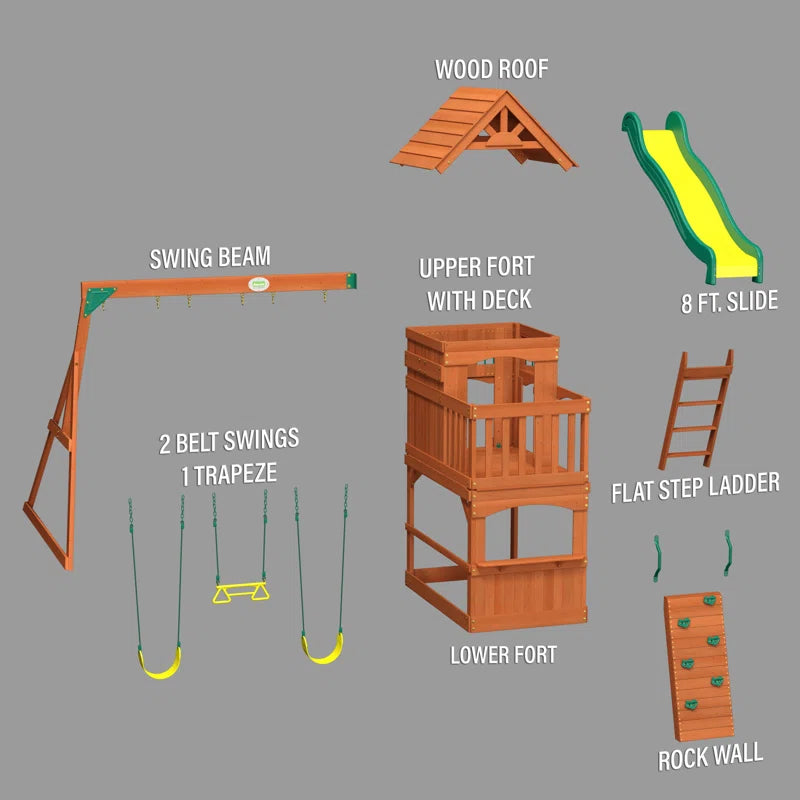 Atlantis Cedar Wood Swing Set with Wave Slide, Clubhouse, Rock Wall, and Sandbox Area