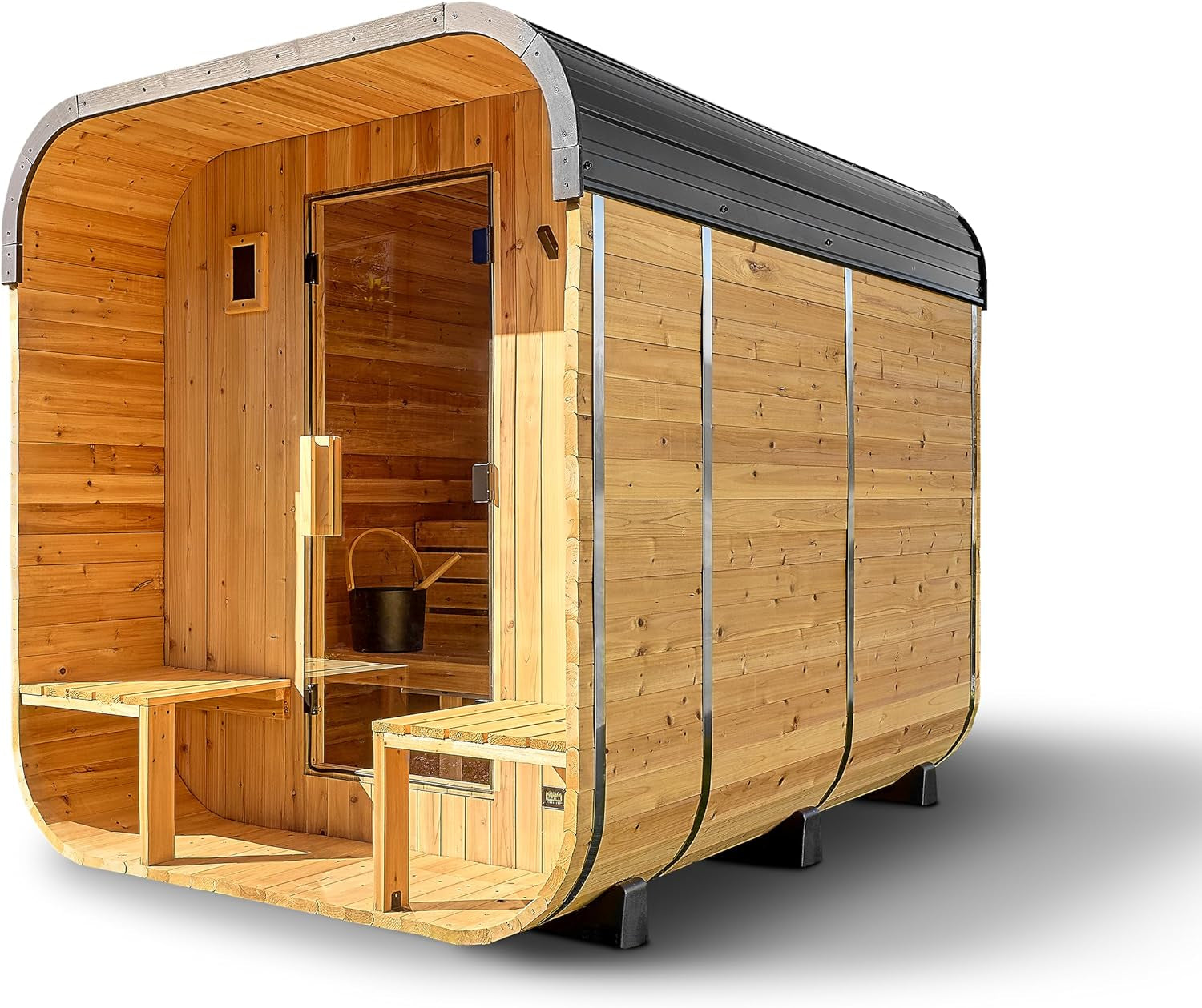Backyard Discovery Lennon 4-6 Person Traditional Cedar Outdoor Cube Sauna with Porch, Electric Sauna Heater, Sauna Rocks, Dry Heat, Steam Sauna, LED Lights, Wi-Fi Control, Sauna Accessories