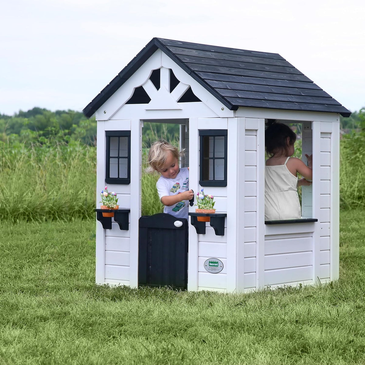 Backyard Discovery Sweetwater White Cedar Wooden Kids Playhouse Cottage with Play Kitchen, Snack Bar, Half Door, Toy Phone, Windows, Flowerpot Holders, Working Doorbell for Outdoor Imaginative Play