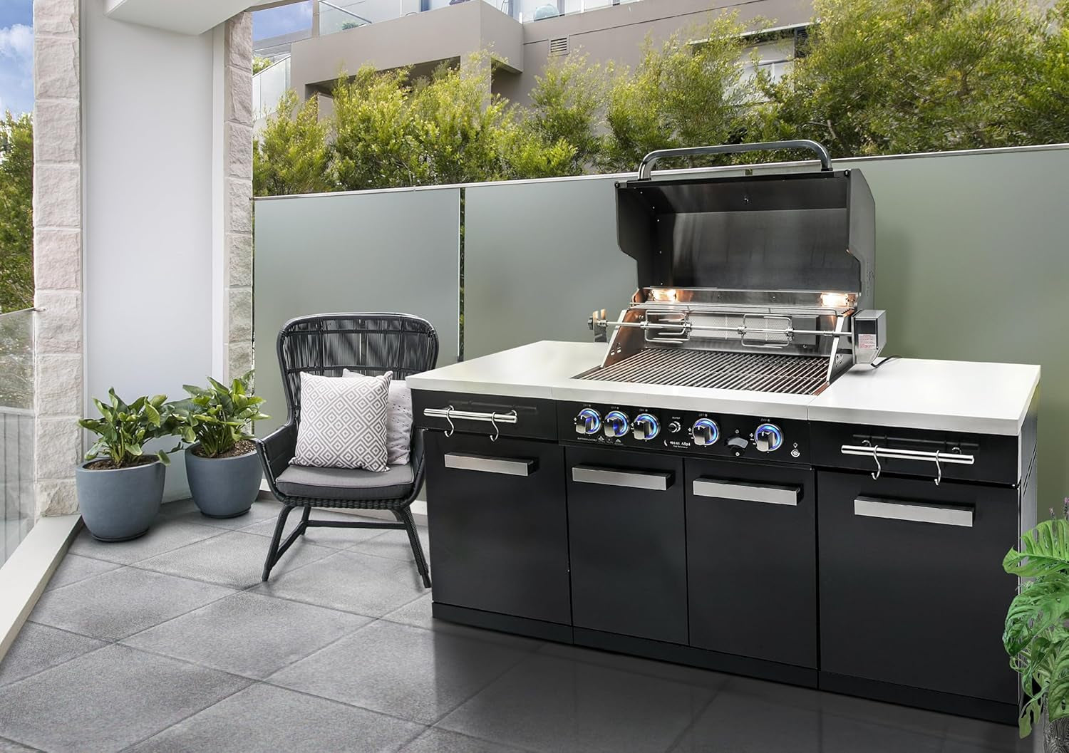 Premium 70"W X 24"D Black Stainless Steel Compact Outdoor Kitchen Island with Access Doors + 32"W 4-Burner BBQ Grill with Infrared Rear Burner + Storage Cabinets + White Granite Countertops