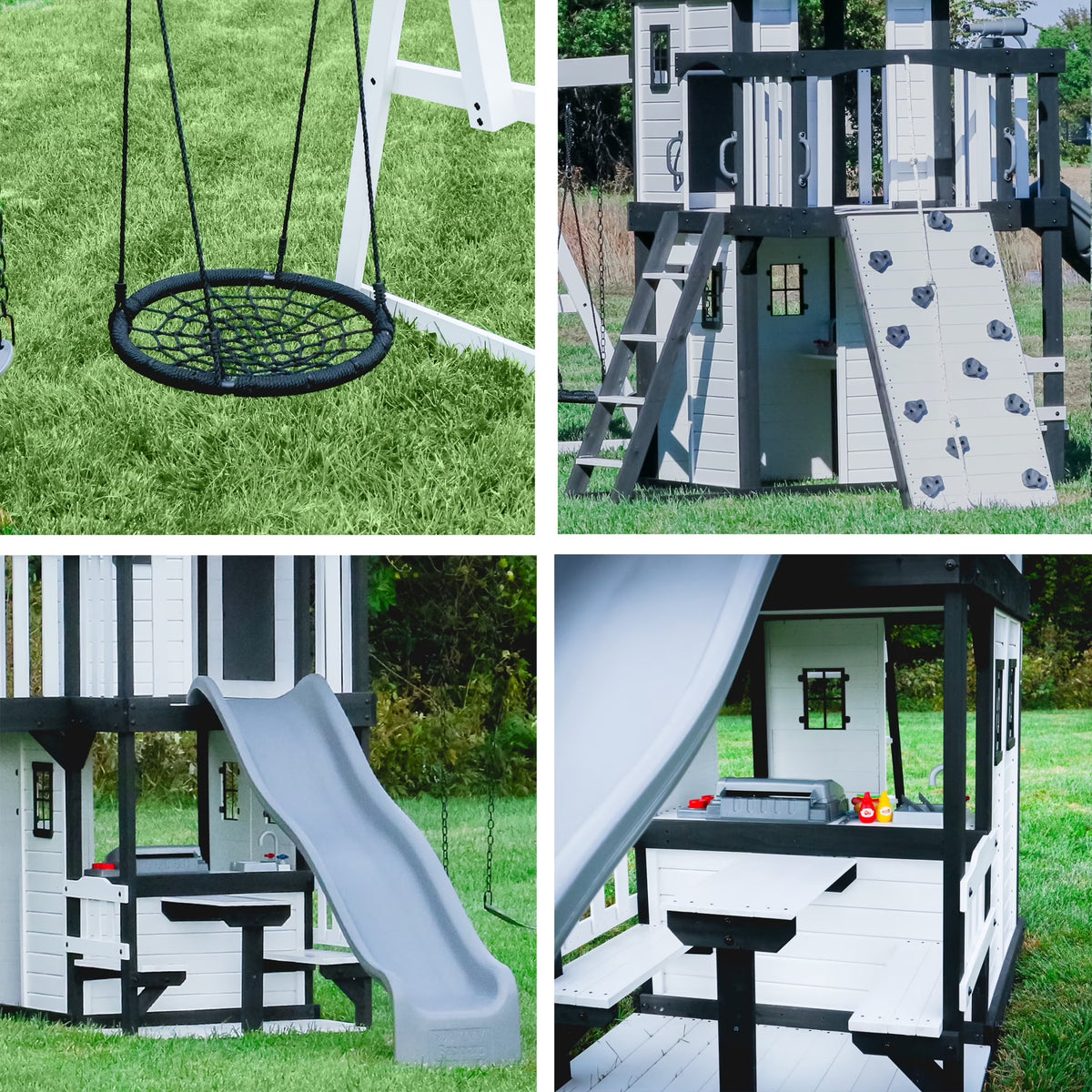 Canyon Creek White Cedar Wood Swing Set, Slide, Clubhouse, Rock Wall