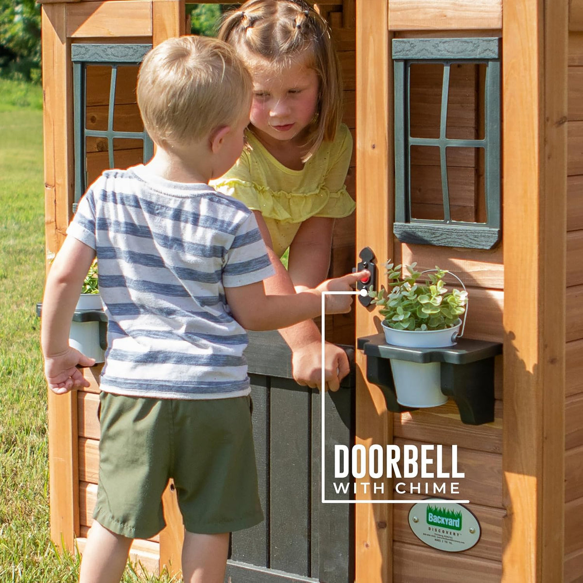 Backyard Discovery Sweetwater Cedar Wooden Kids Playhouse Cottage with Play Kitchen, Snack Bar, Half Door, Toy Phone, Windows, Flowerpot Holders, and Working Doorbell for Outdoor Imaginative Play
