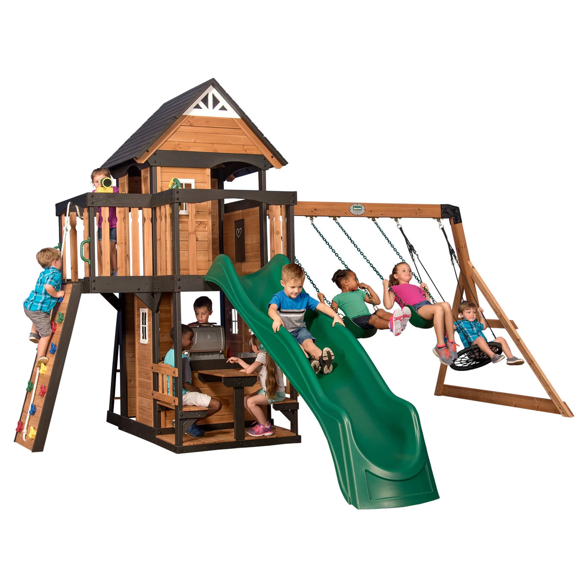 Canyon Creek Cedar Wood Swing Set, Slide, Clubhouse, Rock Wall