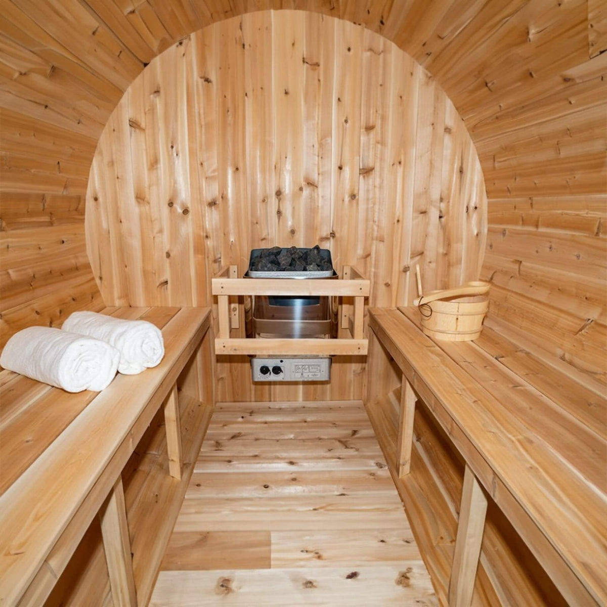Dundalk LeisureCraft Canadian Timber Serenity 4-Person Barrel Sauna with Front Porch | CTC2245W