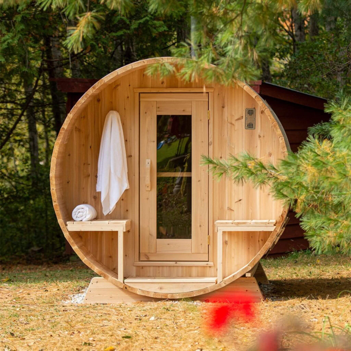 Dundalk LeisureCraft Canadian Timber Serenity 4-Person Barrel Sauna with Front Porch | CTC2245W