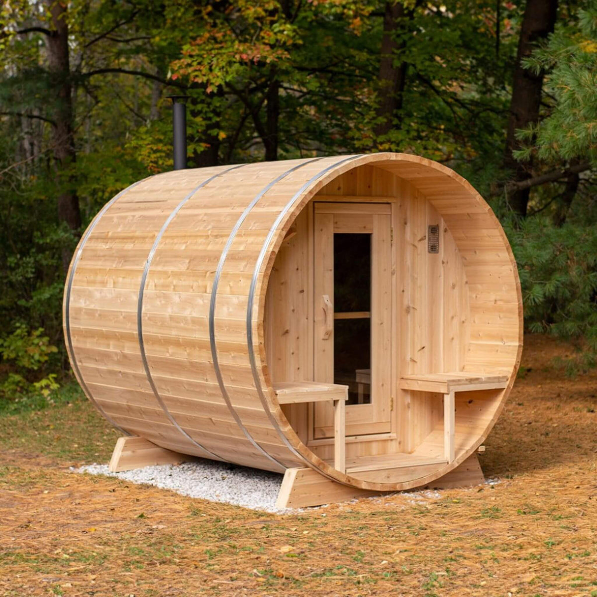 Dundalk LeisureCraft Canadian Timber Serenity 4-Person Barrel Sauna with Front Porch | CTC2245W