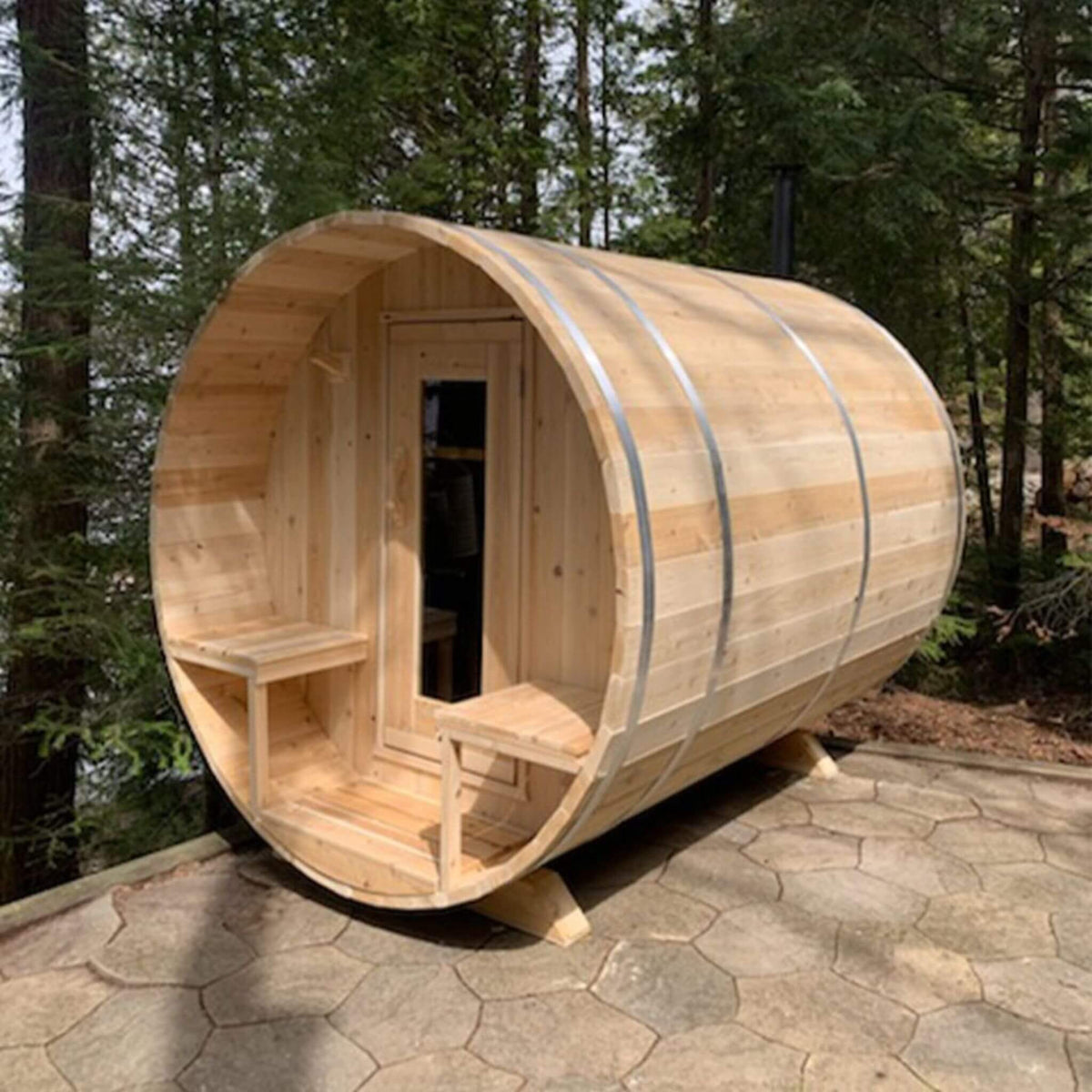 Dundalk LeisureCraft Canadian Timber Serenity 4-Person Barrel Sauna with Front Porch | CTC2245W