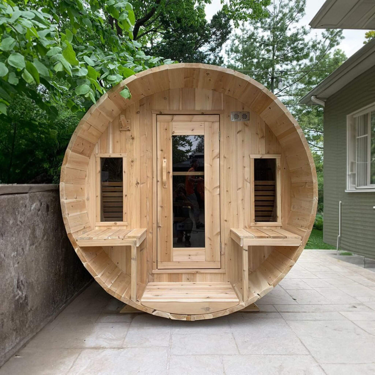 Dundalk LeisureCraft Canadian Timber Tranquility 6-Person Barrel Sauna with Front Porch | CTC2345W
