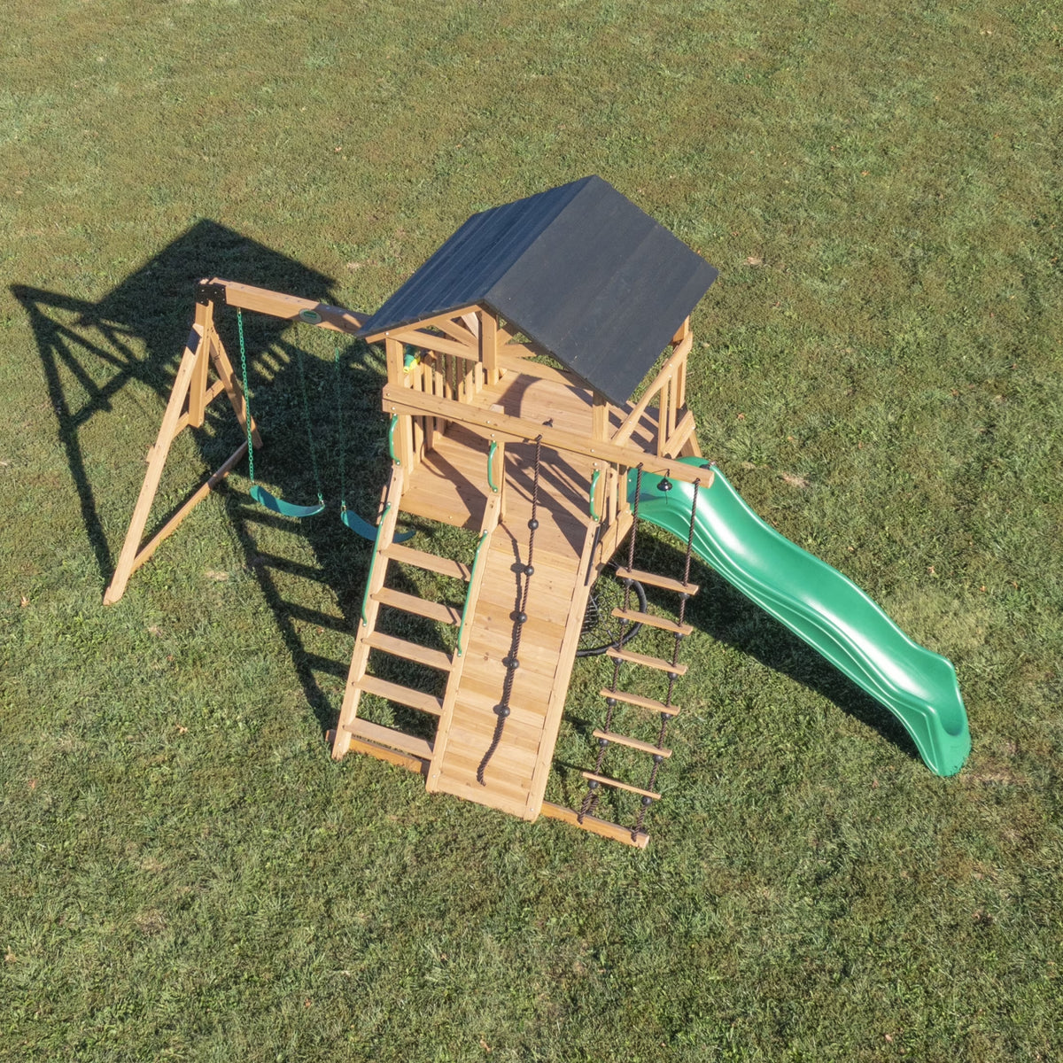Endeavor Cedar Wood Swing Set, Slide, Play Deck, Rock Wall, Rope Ladder
